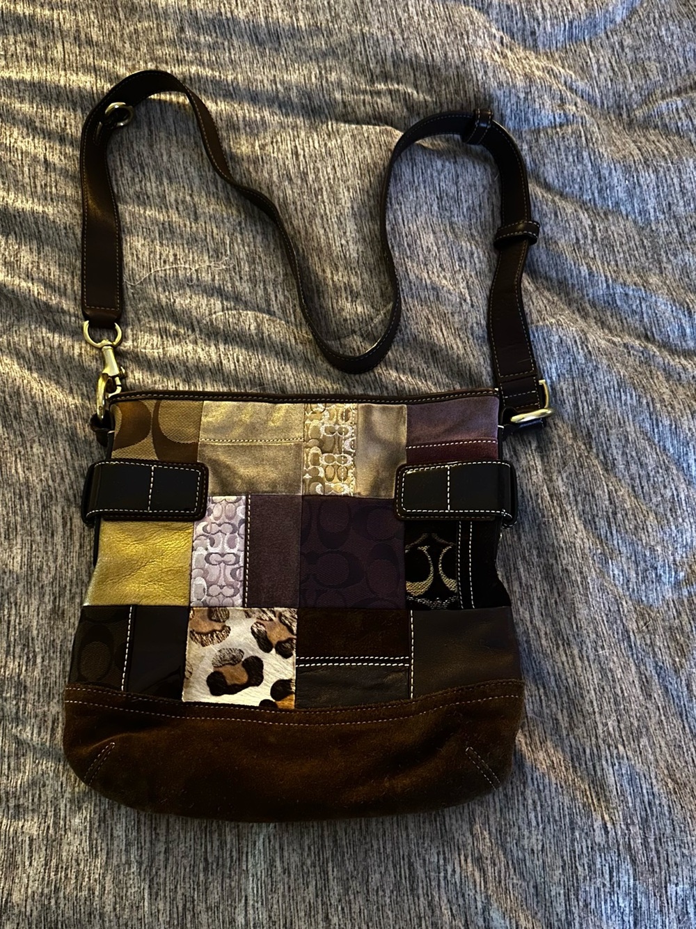 Coach Patchwork Crossbody Bag in Brown, Gold, Cream & Black